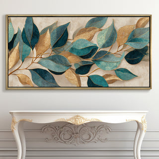Floral Elegance in Teal, Blush & Gold – Luxury Wall Art – Golden Floater Frame, HD Canvas Print, Ready to Hang, Size: 2x4 feet (FLBWA89)
