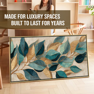 Floral Elegance in Teal, Blush & Gold – Luxury Wall Art – Golden Floater Frame, HD Canvas Print, Ready to Hang, Size: 2x4 feet (FLBWA89)