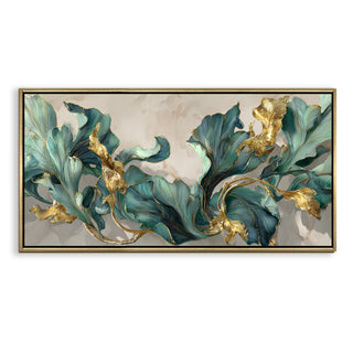 Floral Elegance in Teal, Blush & Gold – Luxury Wall Art – Golden Floater Frame, HD Canvas Print, Ready to Hang, Size: 2x4 feet (FLBWA90)