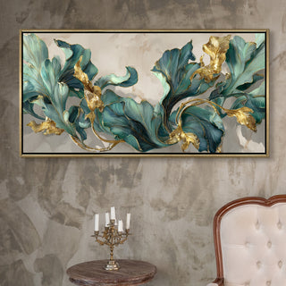 Floral Elegance in Teal, Blush & Gold – Luxury Wall Art – Golden Floater Frame, HD Canvas Print, Ready to Hang, Size: 2x4 feet (FLBWA90)
