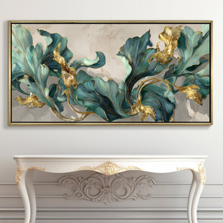 Floral Elegance in Teal, Blush & Gold – Luxury Wall Art – Golden Floater Frame, HD Canvas Print, Ready to Hang, Size: 2x4 feet (FLBWA90)