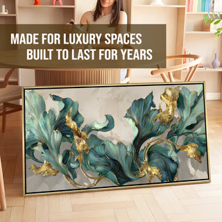 Floral Elegance in Teal, Blush & Gold – Luxury Wall Art – Golden Floater Frame, HD Canvas Print, Ready to Hang, Size: 2x4 feet (FLBWA90)