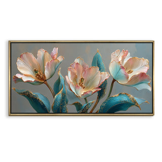Floral Elegance in Teal, Blush & Gold – Luxury Wall Art – Golden Floater Frame, HD Canvas Print, Ready to Hang, Size: 2x4 feet (FLBWA91)