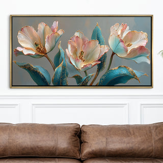 Floral Elegance in Teal, Blush & Gold – Luxury Wall Art – Golden Floater Frame, HD Canvas Print, Ready to Hang, Size: 2x4 feet (FLBWA91)