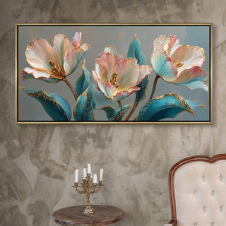 Floral Elegance in Teal, Blush & Gold – Luxury Wall Art – Golden Floater Frame, HD Canvas Print, Ready to Hang, Size: 2x4 feet (FLBWA91)