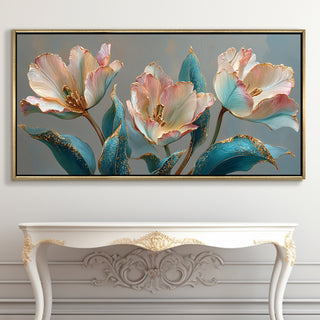 Floral Elegance in Teal, Blush & Gold – Luxury Wall Art – Golden Floater Frame, HD Canvas Print, Ready to Hang, Size: 2x4 feet (FLBWA91)