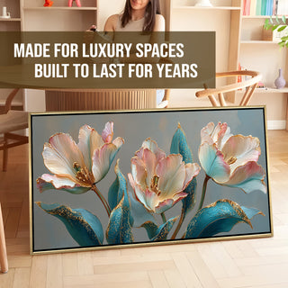Floral Elegance in Teal, Blush & Gold – Luxury Wall Art – Golden Floater Frame, HD Canvas Print, Ready to Hang, Size: 2x4 feet (FLBWA91)
