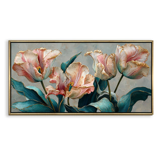 Floral Elegance in Teal, Blush & Gold – Luxury Wall Art – Golden Floater Frame, HD Canvas Print, Ready to Hang, Size: 2x4 feet (FLBWA92)