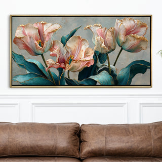 Floral Elegance in Teal, Blush & Gold – Luxury Wall Art – Golden Floater Frame, HD Canvas Print, Ready to Hang, Size: 2x4 feet (FLBWA92)