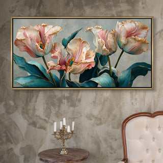 Floral Elegance in Teal, Blush & Gold – Luxury Wall Art – Golden Floater Frame, HD Canvas Print, Ready to Hang, Size: 2x4 feet (FLBWA92)