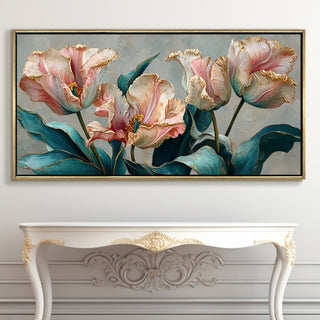 Floral Elegance in Teal, Blush & Gold – Luxury Wall Art – Golden Floater Frame, HD Canvas Print, Ready to Hang, Size: 2x4 feet (FLBWA92)