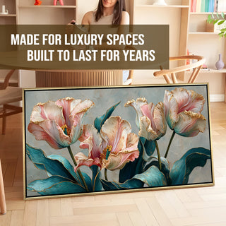 Floral Elegance in Teal, Blush & Gold – Luxury Wall Art – Golden Floater Frame, HD Canvas Print, Ready to Hang, Size: 2x4 feet (FLBWA92)