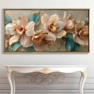 Abstract Floral Wall Art – Golden Floater Frame, HD Canvas Print, Ready to Hang, Size: 2x4 feet (FLBWA93)