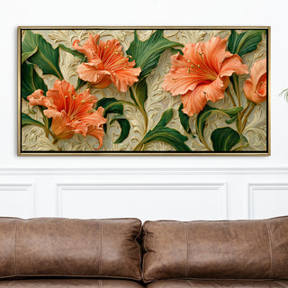 Coral Blooms & Green Leaves Wall Art – Golden Floater Frame, HD Canvas Print, Ready to Hang, Size: 2x4 feet (FLBWA96)