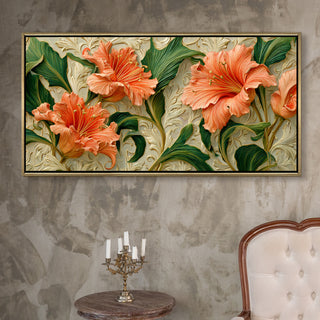 Coral Blooms & Green Leaves Wall Art – Golden Floater Frame, HD Canvas Print, Ready to Hang, Size: 2x4 feet (FLBWA96)