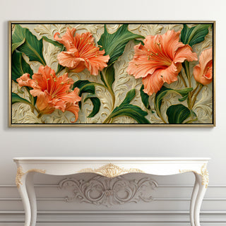 Coral Blooms & Green Leaves Wall Art – Golden Floater Frame, HD Canvas Print, Ready to Hang, Size: 2x4 feet (FLBWA96)