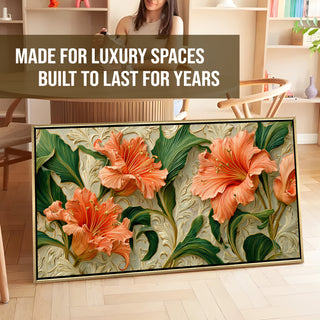 Coral Blooms & Green Leaves Wall Art – Golden Floater Frame, HD Canvas Print, Ready to Hang, Size: 2x4 feet (FLBWA96)