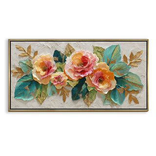 Luxury Textured Floral Teal Leaves & Gold Accents Wall Art – Golden Floater Frame, HD Canvas Print, Ready to Hang, Size: 2x4 feet (FLBWA97)