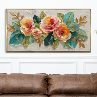 Luxury Textured Floral Teal Leaves & Gold Accents Wall Art – Golden Floater Frame, HD Canvas Print, Ready to Hang, Size: 2x4 feet (FLBWA97)