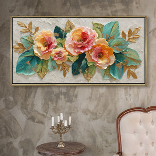 Luxury Textured Floral Teal Leaves & Gold Accents Wall Art – Golden Floater Frame, HD Canvas Print, Ready to Hang, Size: 2x4 feet (FLBWA97)