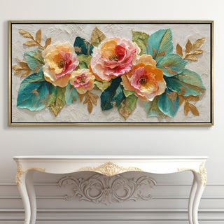 Luxury Textured Floral Teal Leaves & Gold Accents Wall Art – Golden Floater Frame, HD Canvas Print, Ready to Hang, Size: 2x4 feet (FLBWA97)