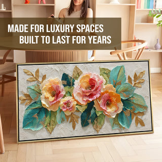 Luxury Textured Floral Teal Leaves & Gold Accents Wall Art – Golden Floater Frame, HD Canvas Print, Ready to Hang, Size: 2x4 feet (FLBWA97)