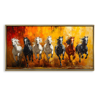 Seven Running Horses Wall Painting – Symbol of Prosperity, Success & Positive Energy | Premium Vastu Artwork for Home & Office Decor | Luxury Golden Floating  Frame HD Canvas Print ( 24 Inch x 48 Inch ) (VAWA44).