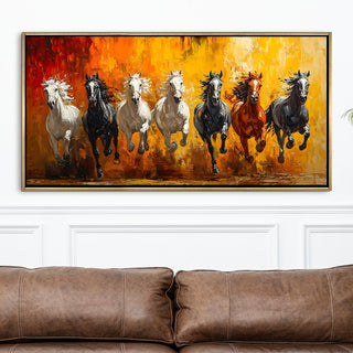 Seven Running Horses Wall Painting – Symbol of Prosperity, Success & Positive Energy | Premium Vastu Artwork for Home & Office Decor | Luxury Golden Floating  Frame HD Canvas Print ( 24 Inch x 48 Inch ) (VAWA44).