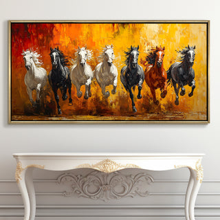 Seven Running Horses Wall Painting – Symbol of Prosperity, Success & Positive Energy | Premium Vastu Artwork for Home & Office Decor | Luxury Golden Floating  Frame HD Canvas Print ( 24 Inch x 48 Inch ) (VAWA44).