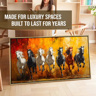 Seven Running Horses Wall Painting – Symbol of Prosperity, Success & Positive Energy | Premium Vastu Artwork for Home & Office Decor | Luxury Golden Floating  Frame HD Canvas Print ( 24 Inch x 48 Inch ) (VAWA44).