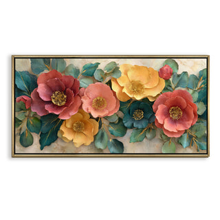 Luxury Floral Wall Art with Warm Pastels & Teal Foliage – Golden Floater Frame, HD Canvas Print, Ready to Hang, Size: 2x4 feet (FLBWA98)