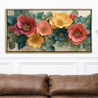 Luxury Floral Wall Art with Warm Pastels & Teal Foliage – Golden Floater Frame, HD Canvas Print, Ready to Hang, Size: 2x4 feet (FLBWA98)