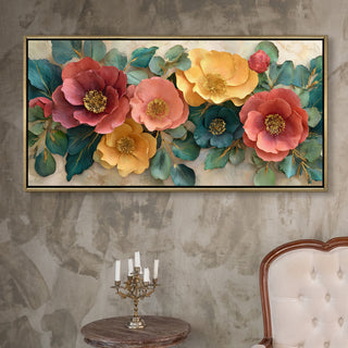 Luxury Floral Wall Art with Warm Pastels & Teal Foliage – Golden Floater Frame, HD Canvas Print, Ready to Hang, Size: 2x4 feet (FLBWA98)