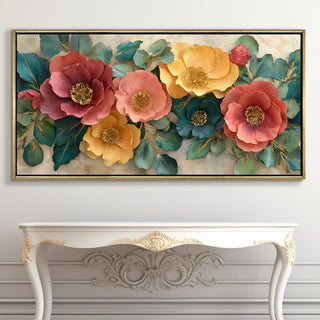 Luxury Floral Wall Art with Warm Pastels & Teal Foliage – Golden Floater Frame, HD Canvas Print, Ready to Hang, Size: 2x4 feet (FLBWA98)