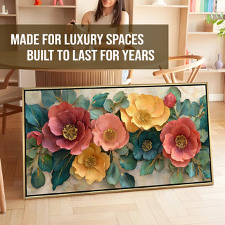 Luxury Floral Wall Art with Warm Pastels & Teal Foliage – Golden Floater Frame, HD Canvas Print, Ready to Hang, Size: 2x4 feet (FLBWA98)