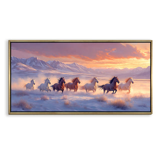 Seven Running Horses Wall Painting – Symbol of Prosperity, Success & Positive Energy | Premium Vastu Artwork for Home & Office Decor | Luxury Golden Floating  Frame HD Canvas Print ( 24 Inch x 48 Inch ) (VAWA45).