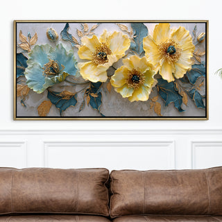 Opulent Floral Harmony Wall Art – Golden Floater Frame, HD Canvas Print, Ready to Hang, Size: 2x4 feet (FLBWA73)