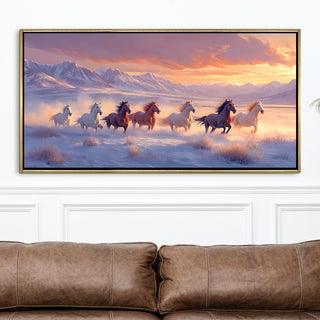 Seven Running Horses Wall Painting – Symbol of Prosperity, Success & Positive Energy | Premium Vastu Artwork for Home & Office Decor | Luxury Golden Floating  Frame HD Canvas Print ( 24 Inch x 48 Inch ) (VAWA45).