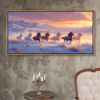 Seven Running Horses Wall Painting – Symbol of Prosperity, Success & Positive Energy | Premium Vastu Artwork for Home & Office Decor | Luxury Golden Floating  Frame HD Canvas Print ( 24 Inch x 48 Inch ) (VAWA45).