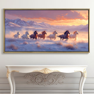 Seven Running Horses Wall Painting – Symbol of Prosperity, Success & Positive Energy | Premium Vastu Artwork for Home & Office Decor | Luxury Golden Floating  Frame HD Canvas Print ( 24 Inch x 48 Inch ) (VAWA45).