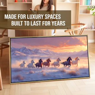 Seven Running Horses Wall Painting – Symbol of Prosperity, Success & Positive Energy | Premium Vastu Artwork for Home & Office Decor | Luxury Golden Floating  Frame HD Canvas Print ( 24 Inch x 48 Inch ) (VAWA45).