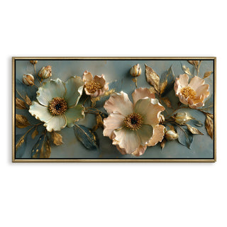 Golden Bloom Floral Wall Art – Golden Floater Frame, HD Canvas Print, Ready to Hang, Size: 2x4 feet (FLBWA74)
