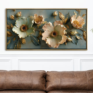 Golden Bloom Floral Wall Art – Golden Floater Frame, HD Canvas Print, Ready to Hang, Size: 2x4 feet (FLBWA74)
