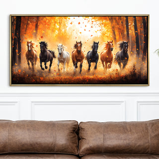 Seven Running Horses Wall Painting – Symbol of Prosperity, Success & Positive Energy | Premium Vastu Artwork for Home & Office Decor | Luxury Golden Floating  Frame HD Canvas Print ( 24 Inch x 48 Inch ) (VAWA46).