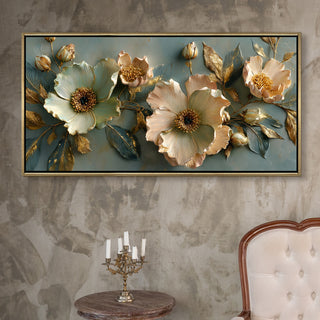 Golden Bloom Floral Wall Art – Golden Floater Frame, HD Canvas Print, Ready to Hang, Size: 2x4 feet (FLBWA74)