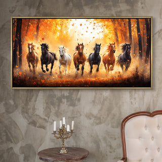 Seven Running Horses Wall Painting – Symbol of Prosperity, Success & Positive Energy | Premium Vastu Artwork for Home & Office Decor | Luxury Golden Floating  Frame HD Canvas Print ( 24 Inch x 48 Inch ) (VAWA46).