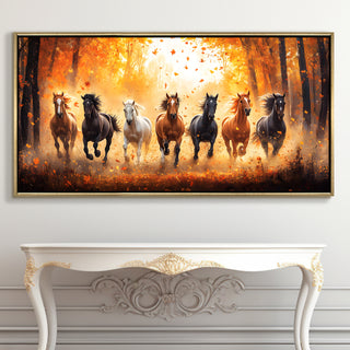 Seven Running Horses Wall Painting – Symbol of Prosperity, Success & Positive Energy | Premium Vastu Artwork for Home & Office Decor | Luxury Golden Floating  Frame HD Canvas Print ( 24 Inch x 48 Inch ) (VAWA46).