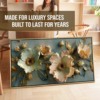 Golden Bloom Floral Wall Art – Golden Floater Frame, HD Canvas Print, Ready to Hang, Size: 2x4 feet (FLBWA74)
