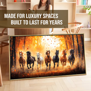 Seven Running Horses Wall Painting – Symbol of Prosperity, Success & Positive Energy | Premium Vastu Artwork for Home & Office Decor | Luxury Golden Floating  Frame HD Canvas Print ( 24 Inch x 48 Inch ) (VAWA46).