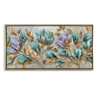 Teal Petals & Gold Leaves Wall Art – Golden Floater Frame, HD Canvas Print, Ready to Hang, Size: 2x4 feet (FLBWA75)
